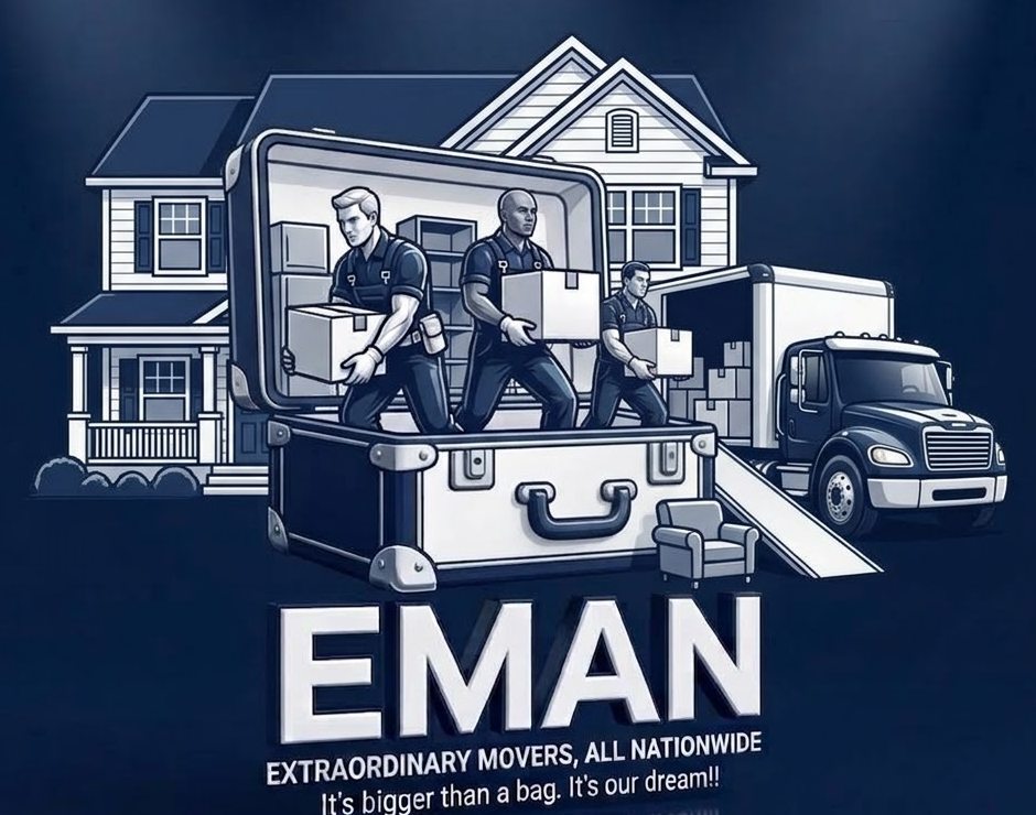 EMAN artwork: movers carrying boxes between a house and a moving truck. Extraordinary Movers, All Nationwide. It's bigger than a bag. It's our dream!